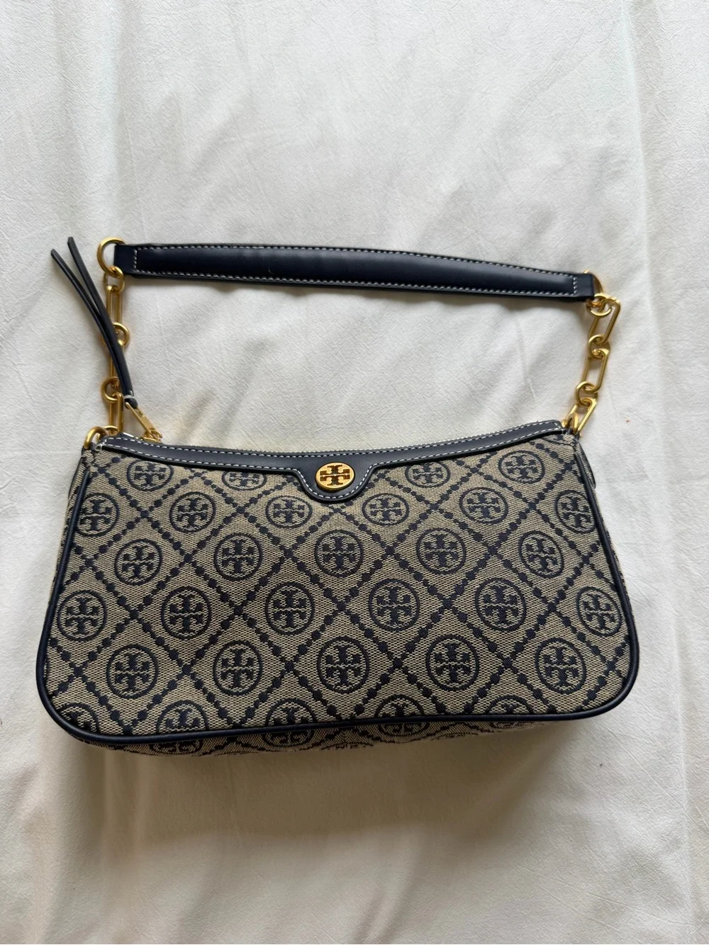 Tory Burch Navy and Beige Logo Jacquard Shoulder Pouch